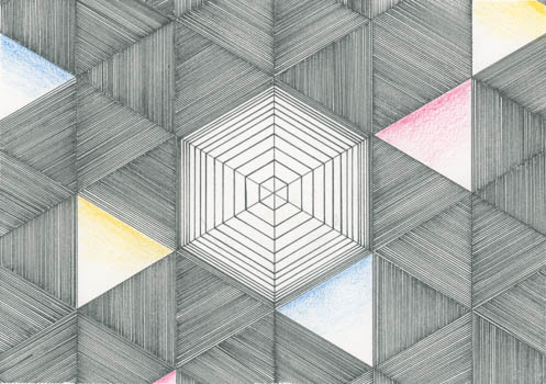 Hexagon with red, blue and yellow triangles