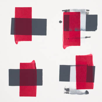 Four crosses of grey and red bars on white, abstract pastry screen print